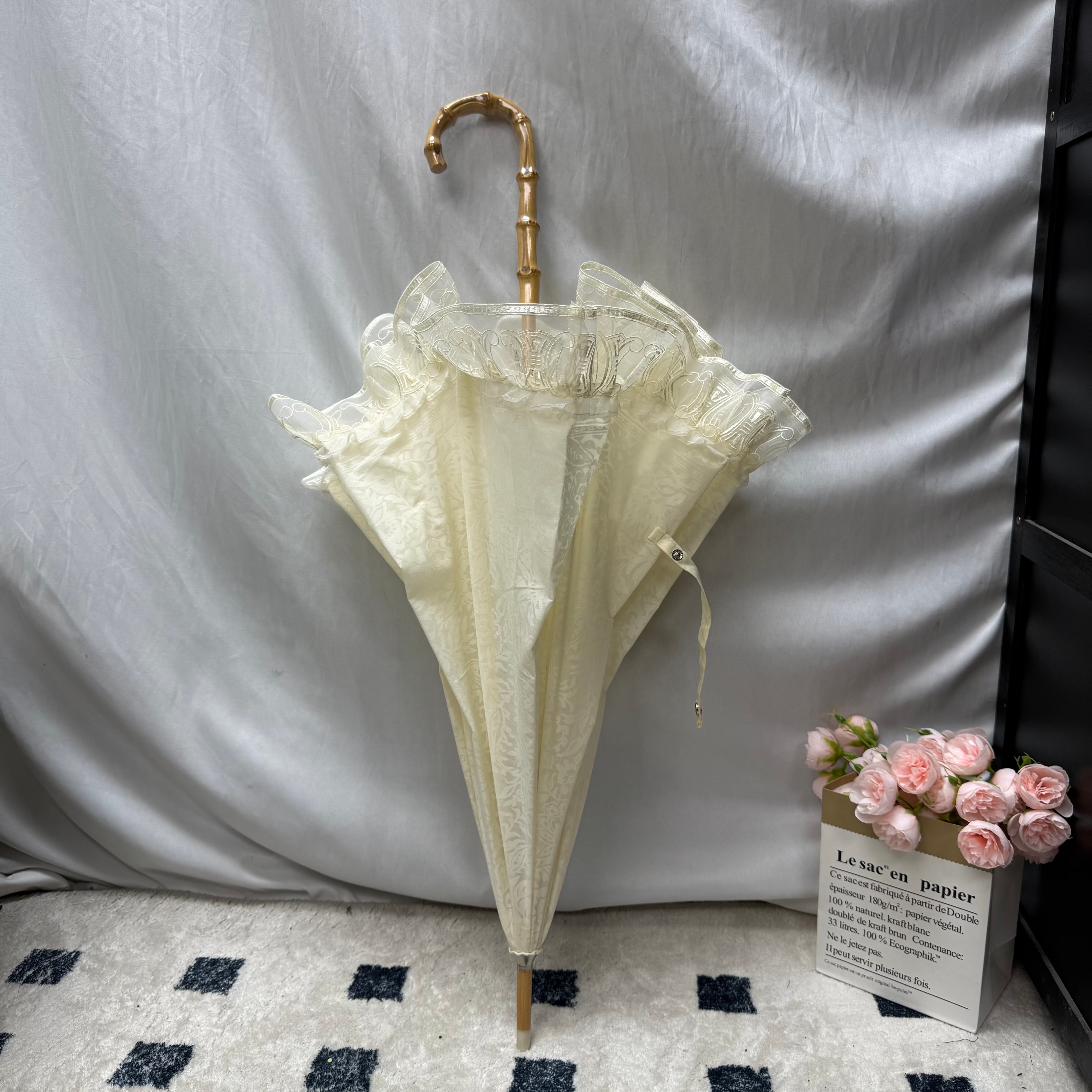 复古棉麻质感遮阳伞 竹节手柄实木中棒 简约文艺风日常通勤遮阳伞