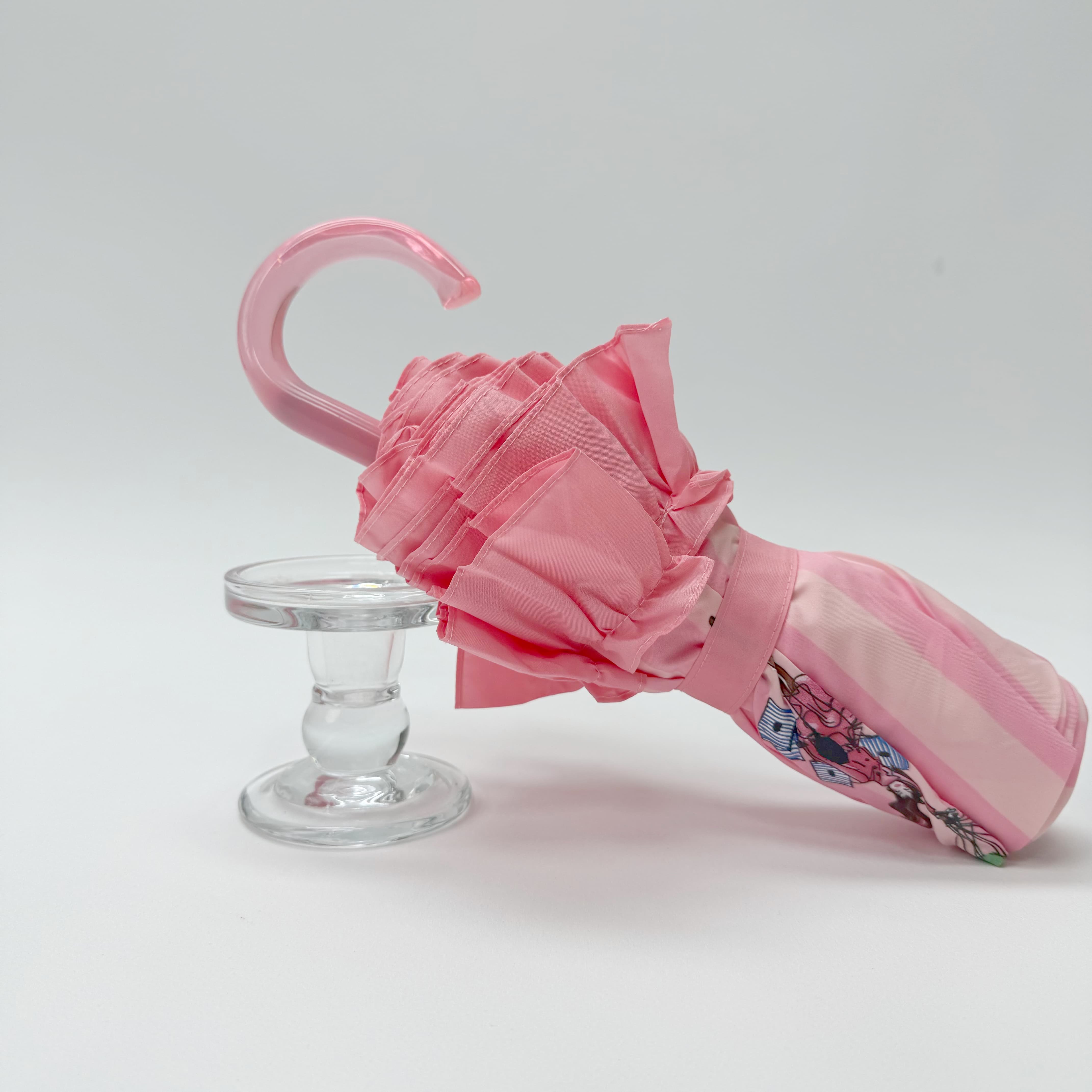 粉色条纹花边三折晴雨伞 少女心气球印花弯钩伞 防紫外线遮阳伞