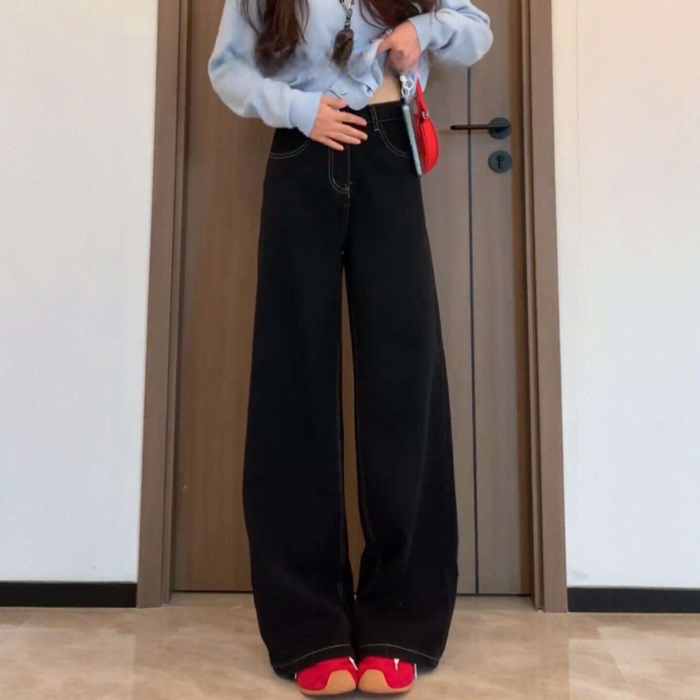 黑色直筒牛仔裤女2026春季新款大码胖mm高腰宽松显瘦阔腿拖地长裤