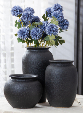 景德镇黑色磨砂插干花现代简约禅意复古新中式台面客厅大陶瓷花瓶
