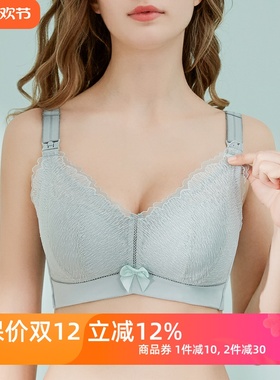 光面蕾丝哺乳文胸全罩杯e纯棉薄款内衣女聚拢大胸显小孕妇bra白色