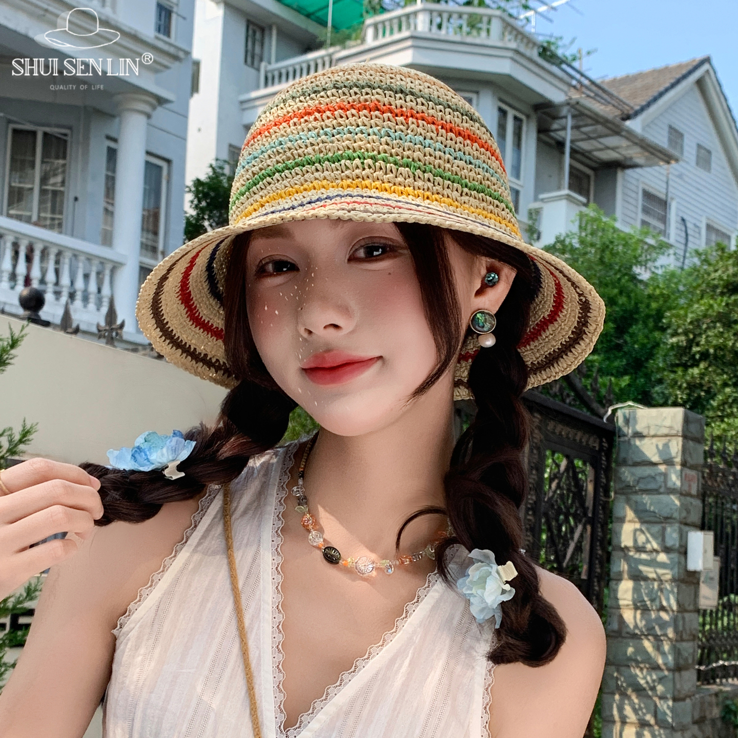 彩色条纹手工草帽女夏海边度假遮阳防晒百搭显脸小镂空透气渔夫帽