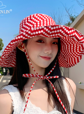韩系波点红色渔夫帽女春夏防紫外线遮阳帽户外出游大檐防晒帽百搭