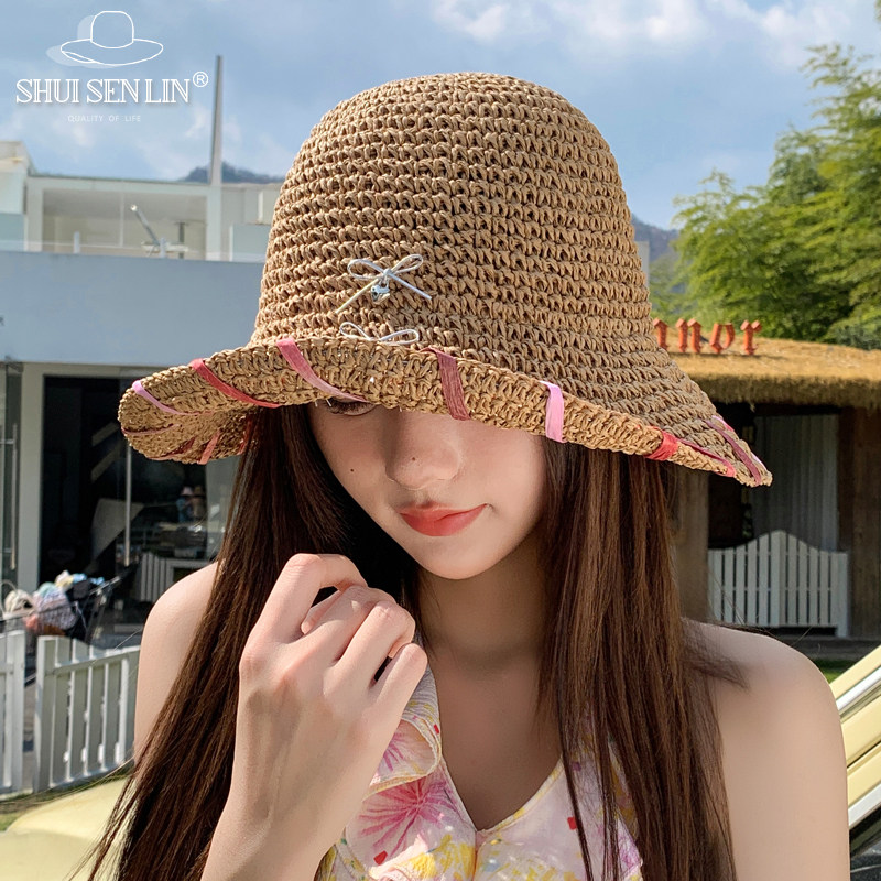 蝴蝶结草帽彩带边手工编织遮阳帽女春夏沙滩个性大檐镂空渔夫帽潮