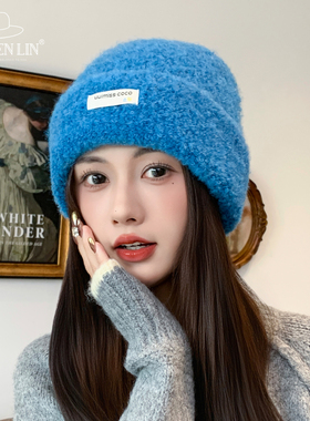 韩系蓝色毛线针织帽女秋冬新款简约休闲保暖防寒包头帽显脸小冷帽