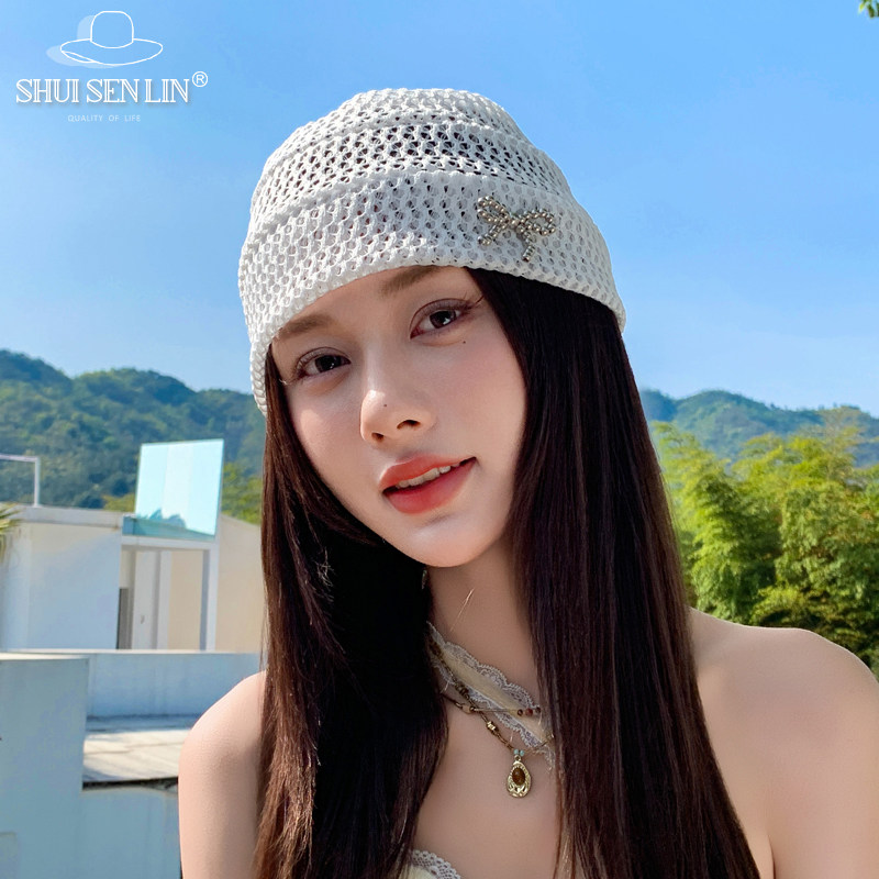 韩版蝴蝶结装饰堆堆帽春夏小众设计女包头帽时髦复古镂空蕾丝帽潮