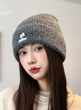 韩系刺绣字母灰色针织冷帽女秋冬加厚保暖护耳包头帽显脸小毛线帽