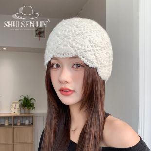 韩系手工钩花镂空马海毛针织毛线帽子女秋冬季保暖百搭包头帽冷帽