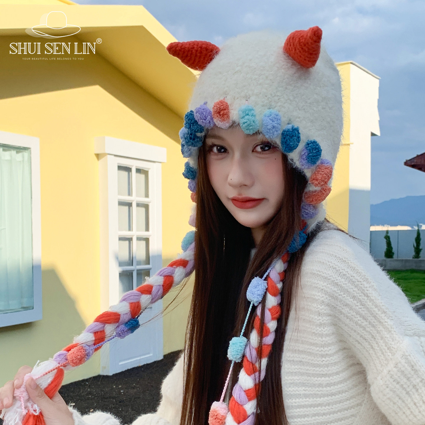 日系彩色可爱小怪兽毛线帽女秋冬文艺清新百搭针织帽保暖护耳冷帽