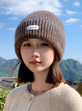 复古渐变色时尚百搭毛线帽女秋冬氛围感显脸小保暖护耳针织包头帽