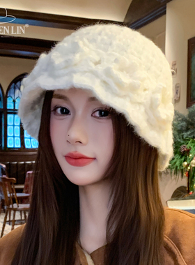高级感白色立体花朵毛线帽女秋冬文艺显脸小渔夫帽百搭保暖盆帽潮