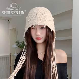 保暖复古显脸小冷帽 手工钩针珍珠流苏包头帽针织毛线帽子女秋冬季