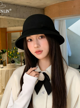 法式黑色复古礼帽女秋冬2025新款优雅千金渔夫毛呢赫本风盆帽百搭