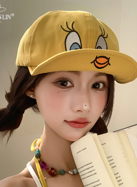 韩国崔弟翠儿翻檐鸭舌帽子可爱小黄鸭刺绣翠迪棒球帽显脸小大头围