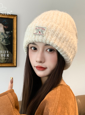 日系百搭针织帽女秋冬大头围加厚保暖防寒冷帽户外休闲时尚毛线帽