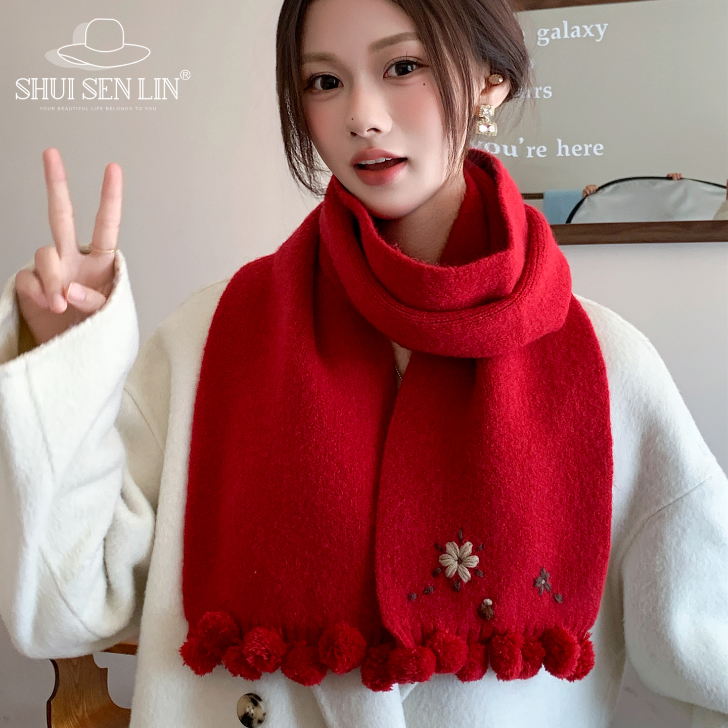 复古刺绣小花球球围巾女秋冬季时尚百搭保暖针织围脖韩版甜美红色