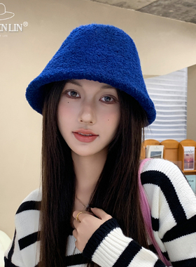 羊羔毛渔夫帽秋冬季女显白克莱因蓝色百搭亮色保暖小众盆帽显脸小