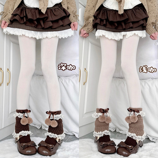 日系lolita花边毛球羊毛编织袜套jk复古咖棕秋可爱蝴蝶结堆堆腿套