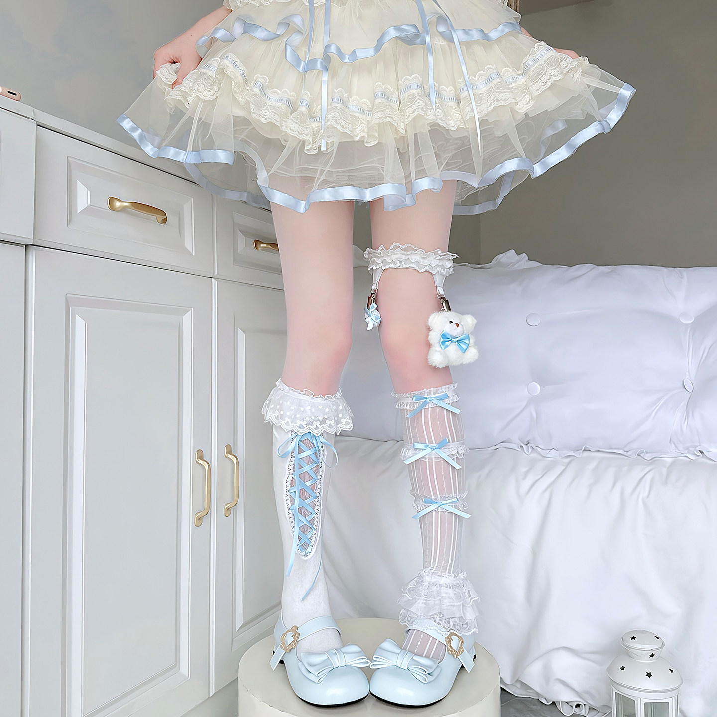 蓝色Lolita叠穿袜子春蝴蝶结高筒袜纯欲芭蕾风蕾丝小腿袜小熊腿环