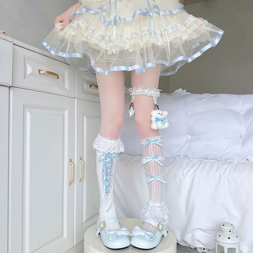 jk蓝色Lolita叠穿袜子和小熊腿环