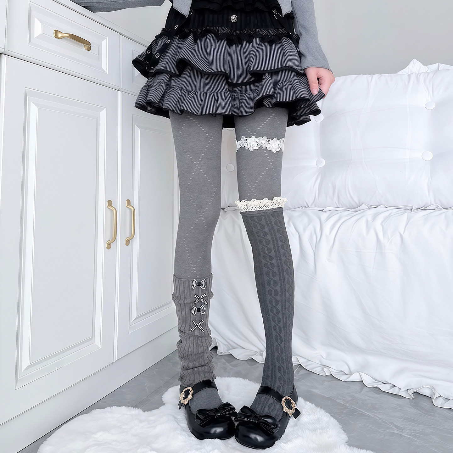 厚灰叠穿秋冬菱格打底连裤袜蕾丝腿环jk灰色麻花过膝袜蝴蝶结袜套,女士内衣/男士内衣/家居服,中筒袜,淘宝优惠券,粉丝福利购,淘宝优惠卷