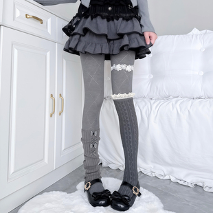 厚灰叠穿秋冬菱格打底连裤袜蕾丝腿环jk灰色麻花过膝袜蝴蝶结袜套