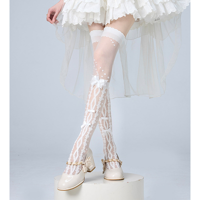 蕾丝白蝴蝶结甜美过膝袜