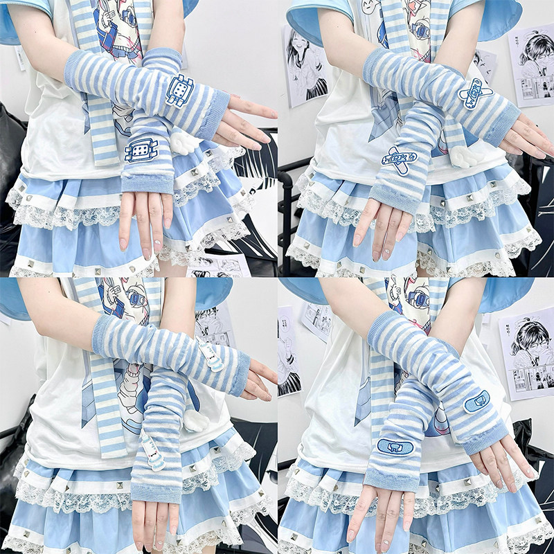 自制水色天蓝色条纹创口贴二次元袖套辣妹y2k亚文化露指百搭手套,服饰配件/皮带/帽子/围巾,其他配件,淘宝优惠券,粉丝福利购,淘宝优惠卷