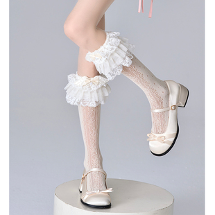 lolita蕾丝多层蛋糕花边小腿袜女jk甜美蝴蝶结蕾丝镂空中筒袜配靴