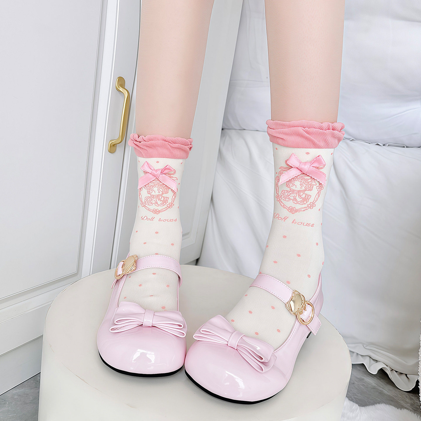 Lolita娃娃复古宫廷袜女粉波点蝴蝶结少女秋季保暖jk泡泡花边中筒,女士内衣/男士内衣/家居服,中筒袜,淘宝优惠券,粉丝福利购,淘宝优惠卷