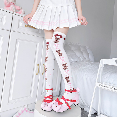 Lolita兔熊复刻袜甜美花边过膝袜
