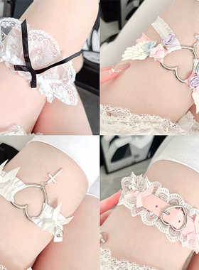 日系洛丽塔弹力腿环饰品性感蕾丝私房花边链饰cos蝴蝶结铃铛项圈