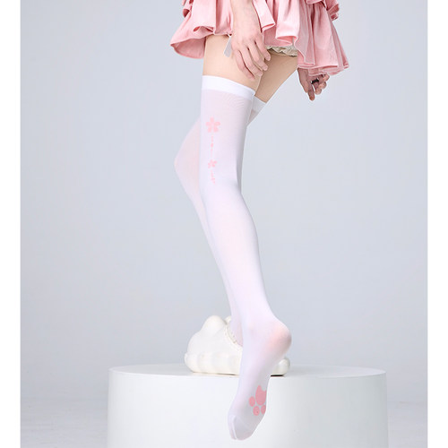 粉红樱花猫爪印过膝袜