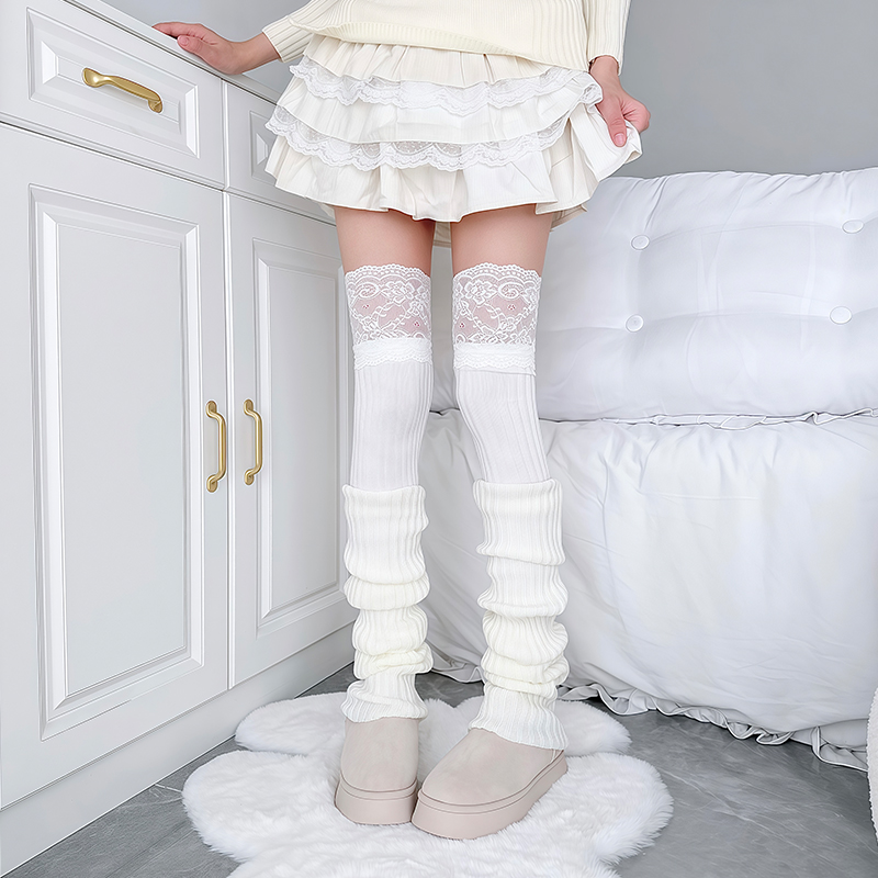 雪白纯欲蕾丝叠穿奶白针织腿套