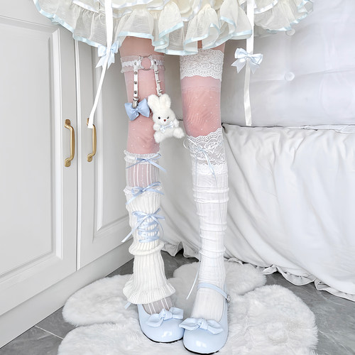 芭蕾兔蓝色叠穿蕾丝lolita白丝女