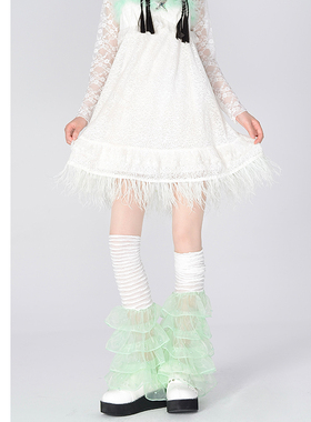 绿色蕾丝拼接薄纱袜套夏日系堆堆个性绑带拼接y2k多层花边甜腿套