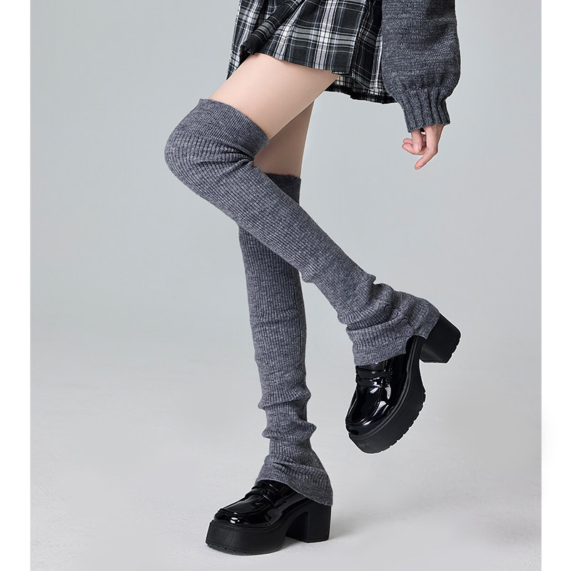 秋冬复古ins灰色过膝长筒堆堆袜套女加厚针织条纹保暖护膝腿套黑