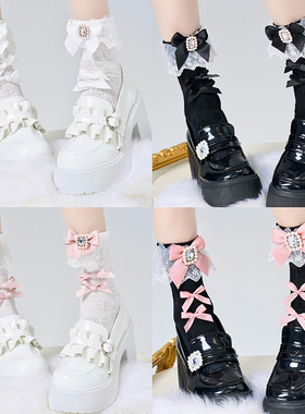 日系少女粉色量产型方水钻宝石蝴蝶结蕾丝花边袜子黑粉白Lolita