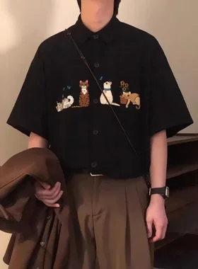 美式复古猫咪刺绣卡通短袖衬衫男夏季潮牌学院风文艺休闲百搭上衣