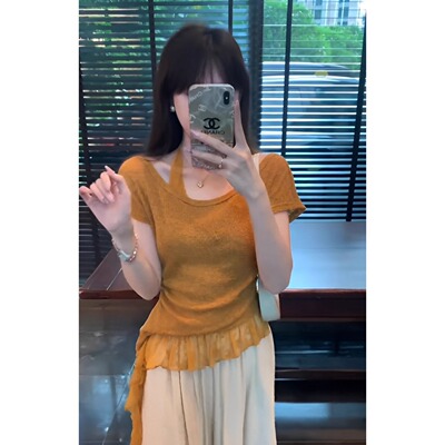 夏修身蕾丝挂颈短袖t恤女chic别致上衣