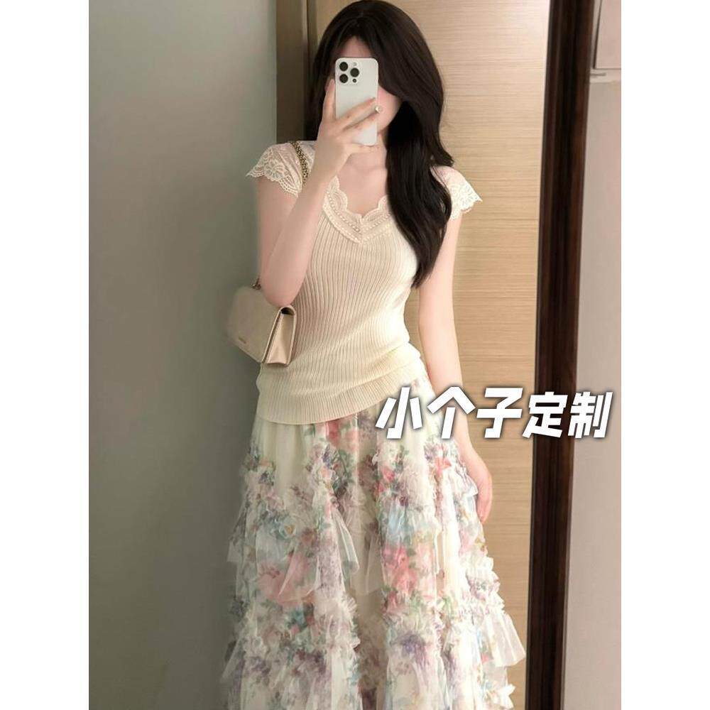 150小矮个子多巴胺穿搭套装女夏季蕾丝针织小上衣碎花网纱半身裙