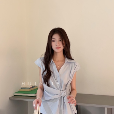 灰姑娘V领短袖夏季收腰显瘦独特漂亮上衣衬衫