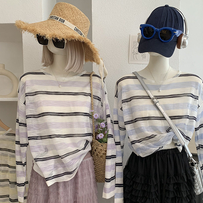 KEKE女夏 条纹撞色防晒衫宽松显瘦圆领长袖上衣