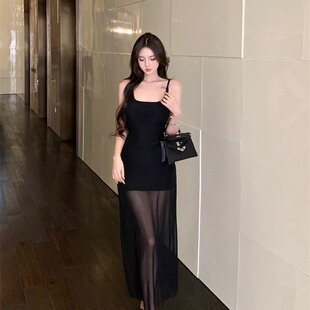 性感透视网纱拼接吊带连衣裙女夏季 长裙收腰包臀a字裙 设计感修身