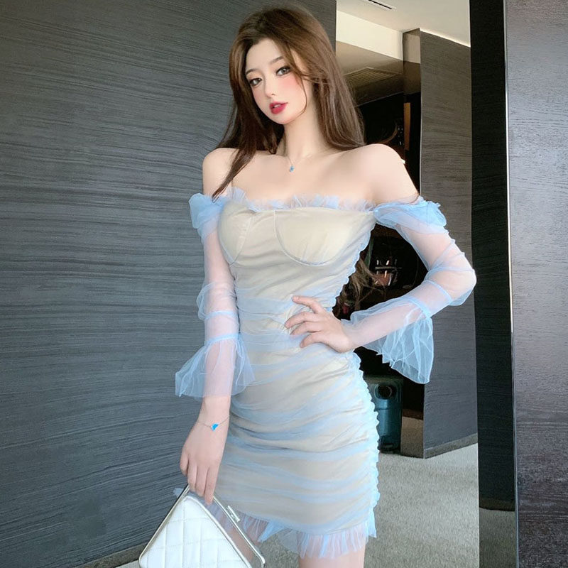 超仙美女主播party礼服公主裙秋季新款一字领抹胸性感网纱连衣裙