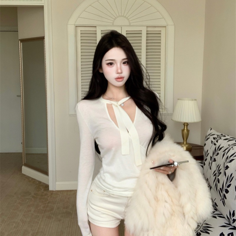 韩版气质飘带V领针织衫女