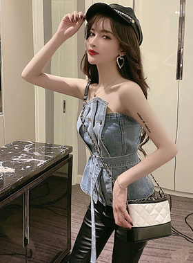 超IN压褶拼接无袖牛仔背心2020夏季新款抹胸性感显瘦收腰上衣皮裤