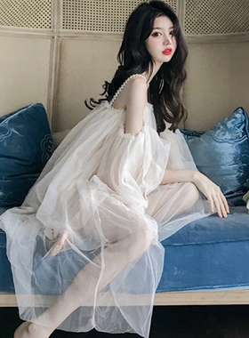 超仙美宽松韩范儿公主网纱裙2019夏季新款珍珠吊带露肩性感连衣裙