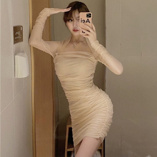 性感名媛气质方领连衣裙女 新款 超仙美小香风长袖 网纱包臀短裙春季