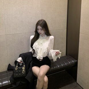 高级感荷叶边衬衫女2024秋冬新款喇叭袖甜美仙女风气质上衣雪纺衫